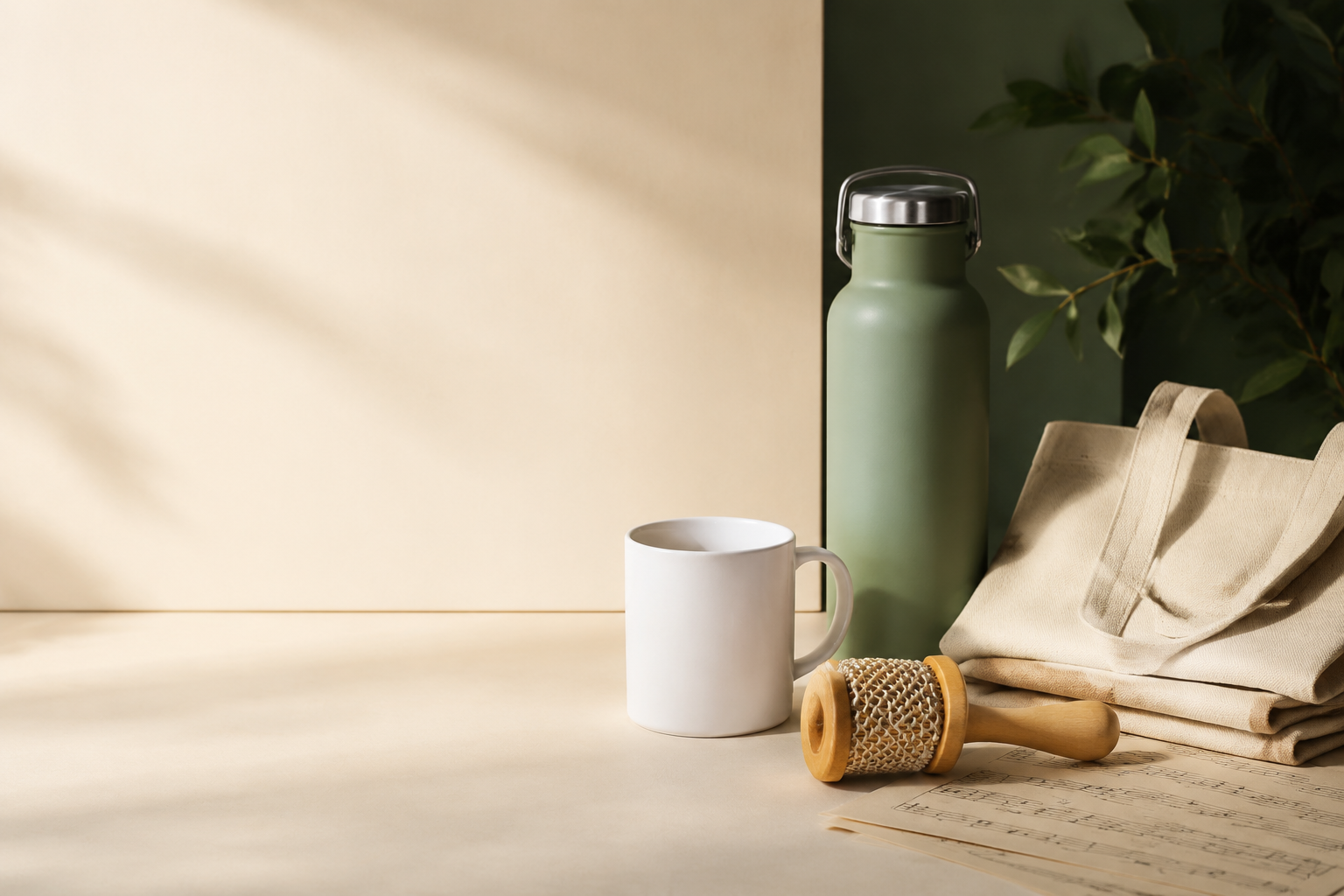 Caneca, garrafa e ecobag em uma composição inspirada em música
